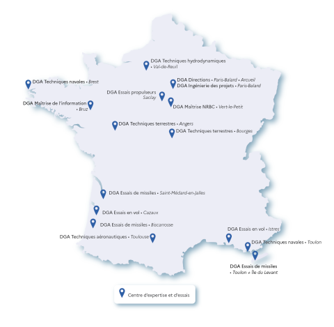 L'image présente l'implantation des différents centres d'expertises et d'essais de la DGA sur une carte de la France : 3 centres dans le sud-est, 4 dans le sud-ouest, 2 dans le centre, 2 en Bretagne, 1 dans le Nord, et 3 en région parisienne.